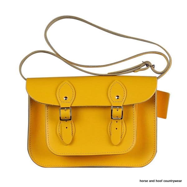 11 Inch Traditional Hand Crafted British Vintage Leather Satchel - Classic Double Yellow