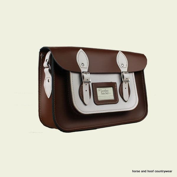 12.5 Inch Traditional Hand Crafted British Vintage  Leather Satchel - Chestnut Brown & Cloud Cream