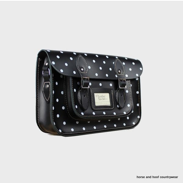 12.5 Inch Traditional Hand Crafted British Vintage  Leather Satchel - Classic Charcoal Black & Polka Dot Print