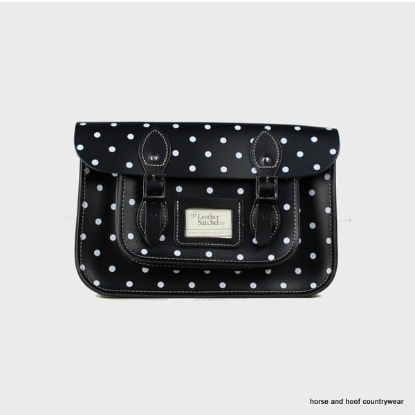 12.5 Inch Traditional Hand Crafted British Vintage  Leather Satchel - Classic Charcoal Black & Polka Dot Print