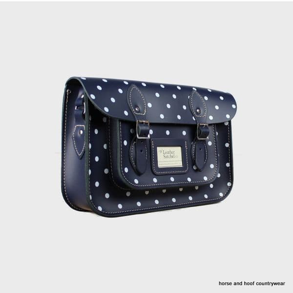 12.5 Inch Traditional Hand Crafted British Vintage  Leather Satchel - Classic Loch Blue & Polka Dot Print
