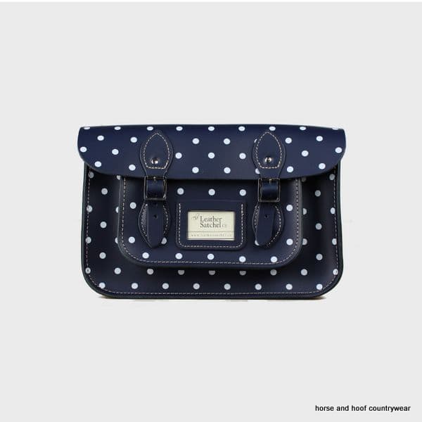 12.5 Inch Traditional Hand Crafted British Vintage  Leather Satchel - Classic Loch Blue & Polka Dot Print