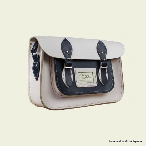 12.5 Inch Traditional Hand Crafted British Vintage  Leather Satchel - Cloud Cream & Loch Blue