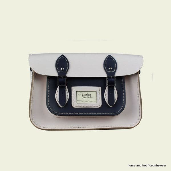 12.5 Inch Traditional Hand Crafted British Vintage  Leather Satchel - Cloud Cream & Loch Blue