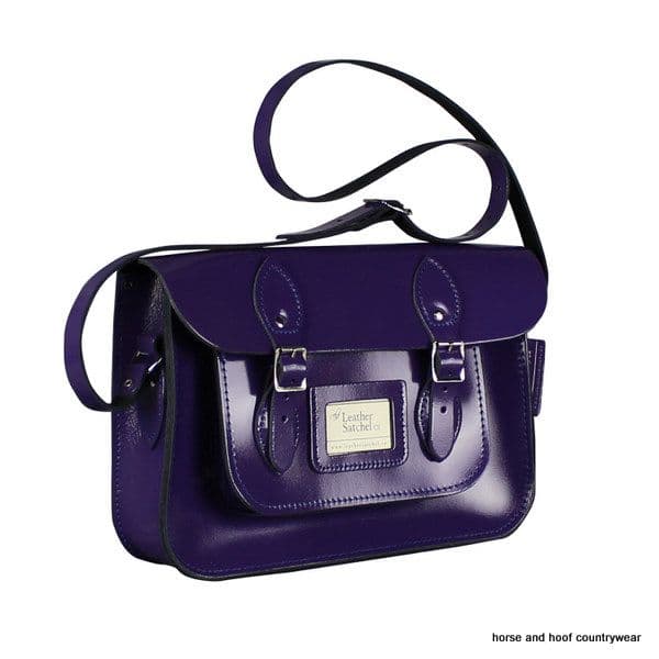 12.5 Inch Traditional Hand Crafted British Vintage  Leather Satchel - Patent Deep Purple