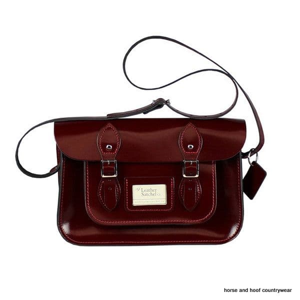 12.5 Inch Traditional Hand Crafted British Vintage  Leather Satchel - Patent Oxblood Red