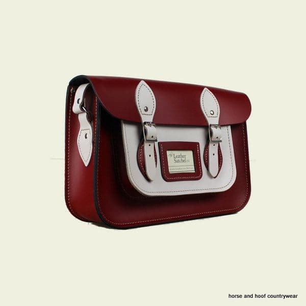 12.5 Inch Traditional Hand Crafted British Vintage  Leather Satchel - Pillarbox Red & Cloud Cream
