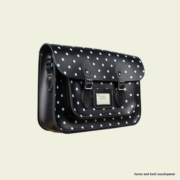 14 Inch Traditional Hand Crafted British Vintage Leather Satchel - Classic Charcoal Black & Polka Dot Print