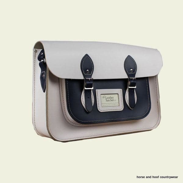 14 Inch Traditional Hand Crafted British Vintage  Leather Satchel - Cloud Cream & Loch Blue