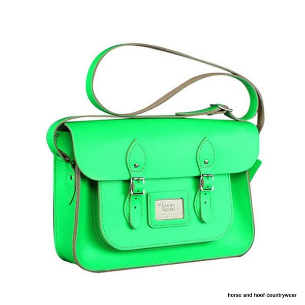 14 Inch Traditional Hand Crafted British Vintage Leather Satchel - Dayglow Green