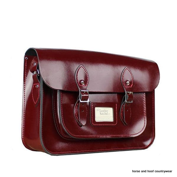 14 Inch Traditional Hand Crafted British Vintage Leather Satchel - Patent Oxblood