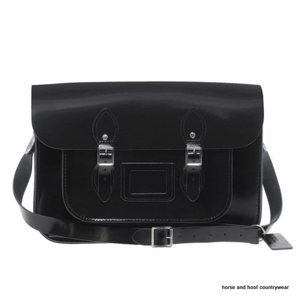 14 Inch Traditional Hand Crafted British Vintage Leather Satchel - Patent Pitch Black
