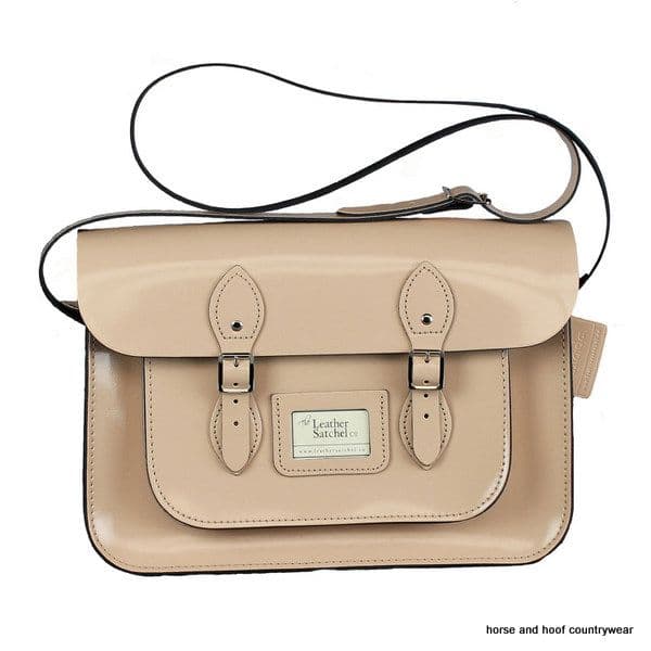 14 Inch Traditional Hand Crafted British Vintage Leather Satchel - Patent Taupe