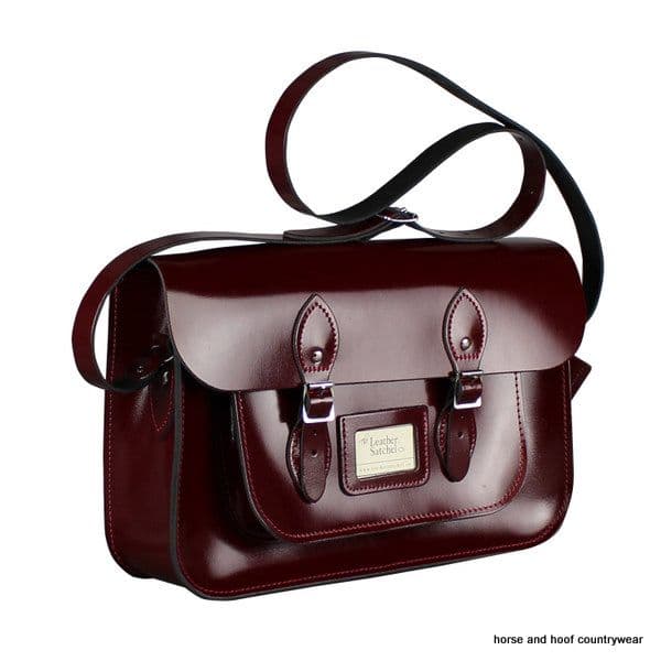 15 Inch Traditional Handmade British Vintage Leather Satchel - Patent Oxblood Red