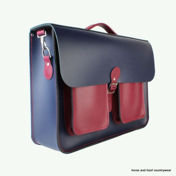 16.5 Inch Traditional Handmade British Vintage Double Pocket Leather Satchel - Loch Blue & Claret Red