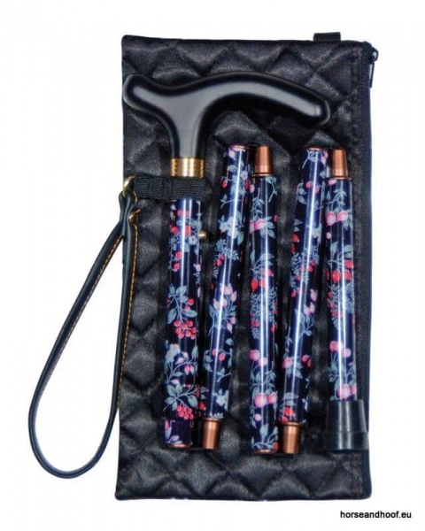 Classic Cane Folding Handbag Stick With Quilted Evening Case - Black Floral