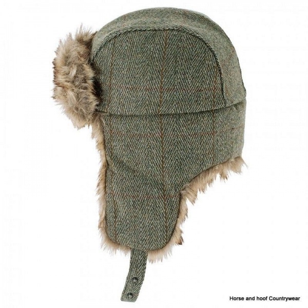 Heather Hats Kevern Derby Tweed Trapper Hat - Dark Green/Gold Stripe