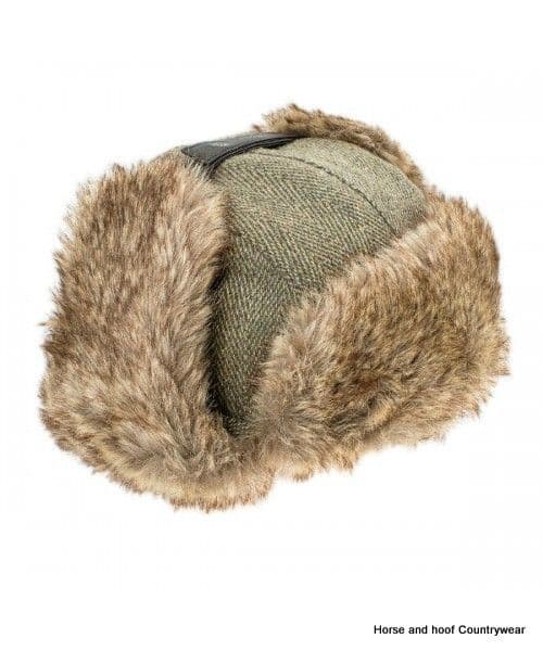 Heather Hats Kevern Derby Tweed Trapper Hat - Dark Green/Gold Stripe