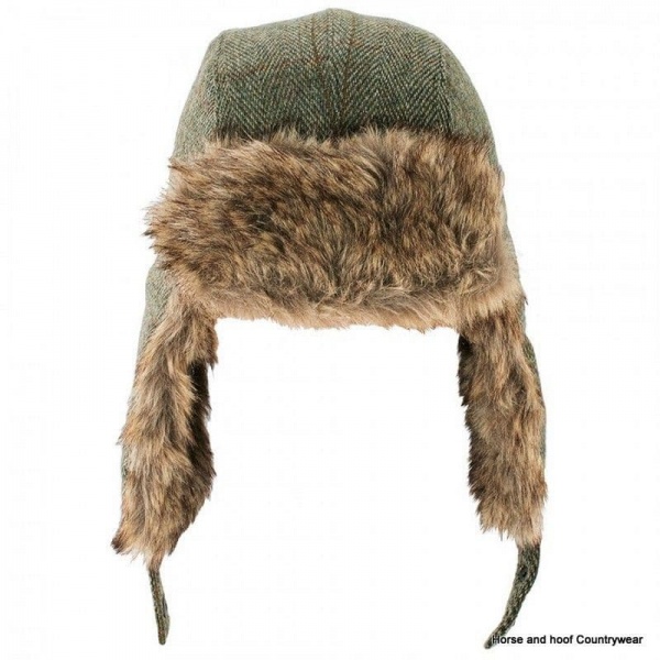 Heather Hats Kevern Derby Tweed Trapper Hat - Dark Green/Gold Stripe