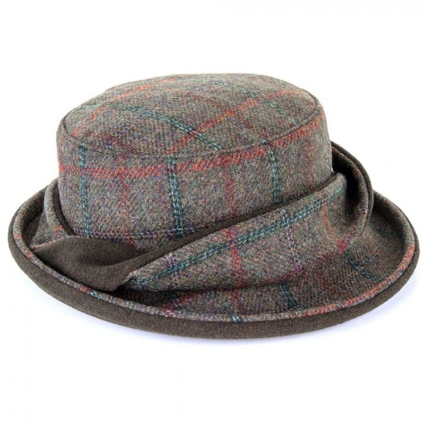 Heather Hats Oxshott Ladies Tweed Twist Hat - Forest Green/Wine Check