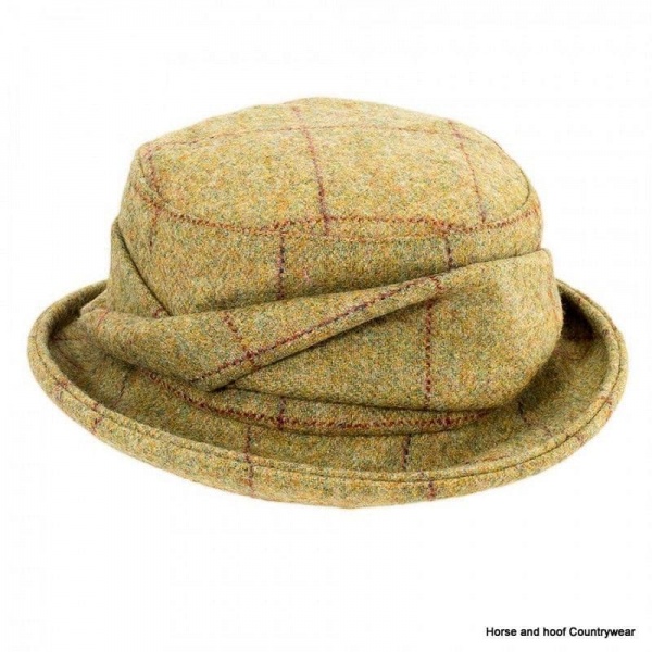 Heather Hats Oxshott Ladies Tweed Twist Hat - Light Olive/Red Check