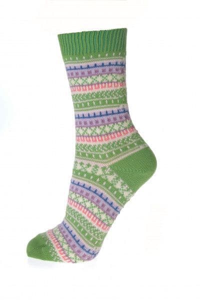 House Of Cheviot Lady Fairisle Cotton Socks - Pea Green