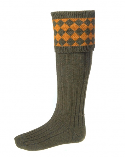 House Of Cheviot Men's Chessboard Socks - Braken/Ochre