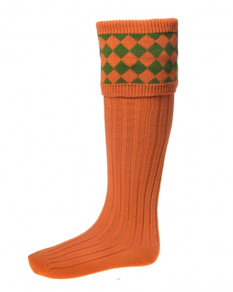 House Of Cheviot Men's Chessboard Socks - Burnt Orange/Ivy Green