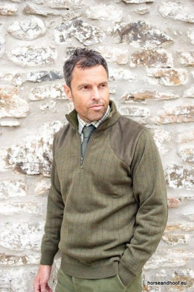 Lansdown Country Medium Weight Zip Neck Shooting Jumper With Patches - Forest Green.