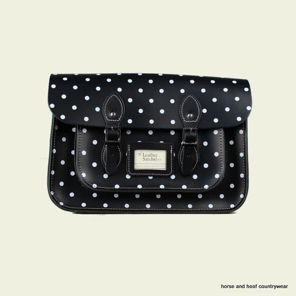 14 Inch Traditional Hand Crafted British Vintage Leather Satchel - Classic Charcoal Black & Polka Dot Print