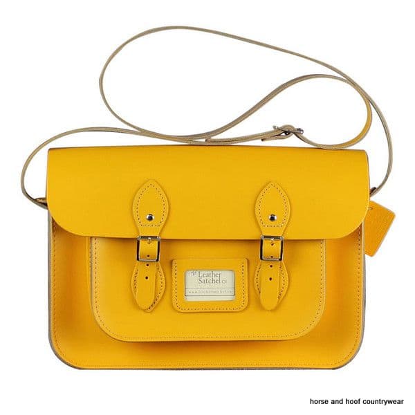 14 Inch Traditional Hand Crafted British Vintage Leather Satchel - Classic Double Yellow