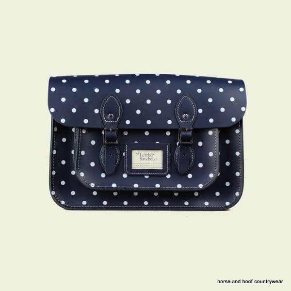14 Inch Traditional Hand Crafted British Vintage Leather Satchel - Classic Loch Blue & Polka Dot Print