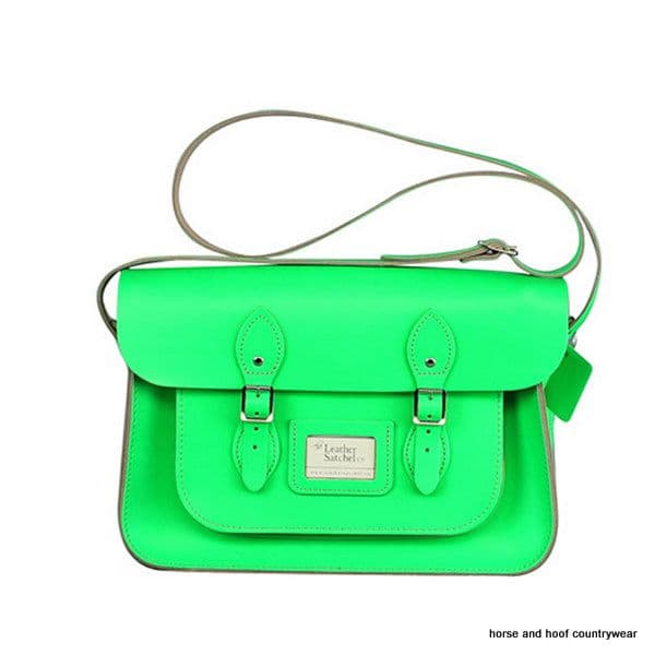 14 Inch Traditional Hand Crafted British Vintage Leather Satchel - Dayglow Green