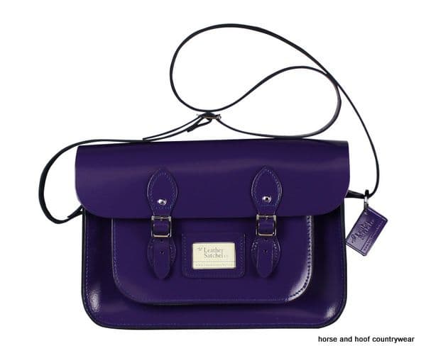 14 Inch Traditional Hand Crafted British Vintage  Leather Satchel - Patent Deep Purple
