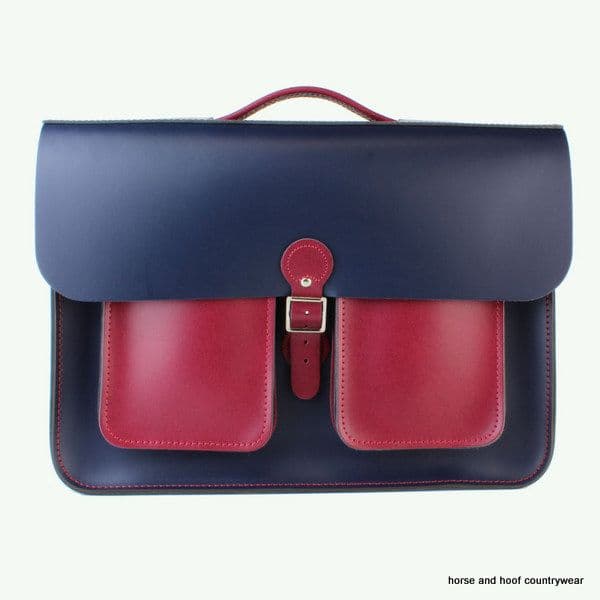 16.5 Inch Traditional Handmade British Vintage Double Pocket Leather Satchel - Loch Blue & Claret Red