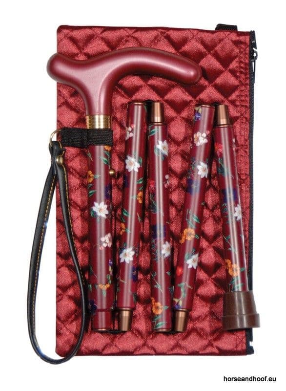 Classic Cane Folding Handbag Stick With Quilted Evening Case - Claret Floral