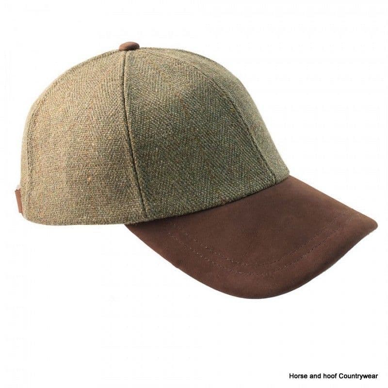 Heather Hats Valley Derby Tweed Leather Peak Baseball Cap - Dark Green/Gold Stripe