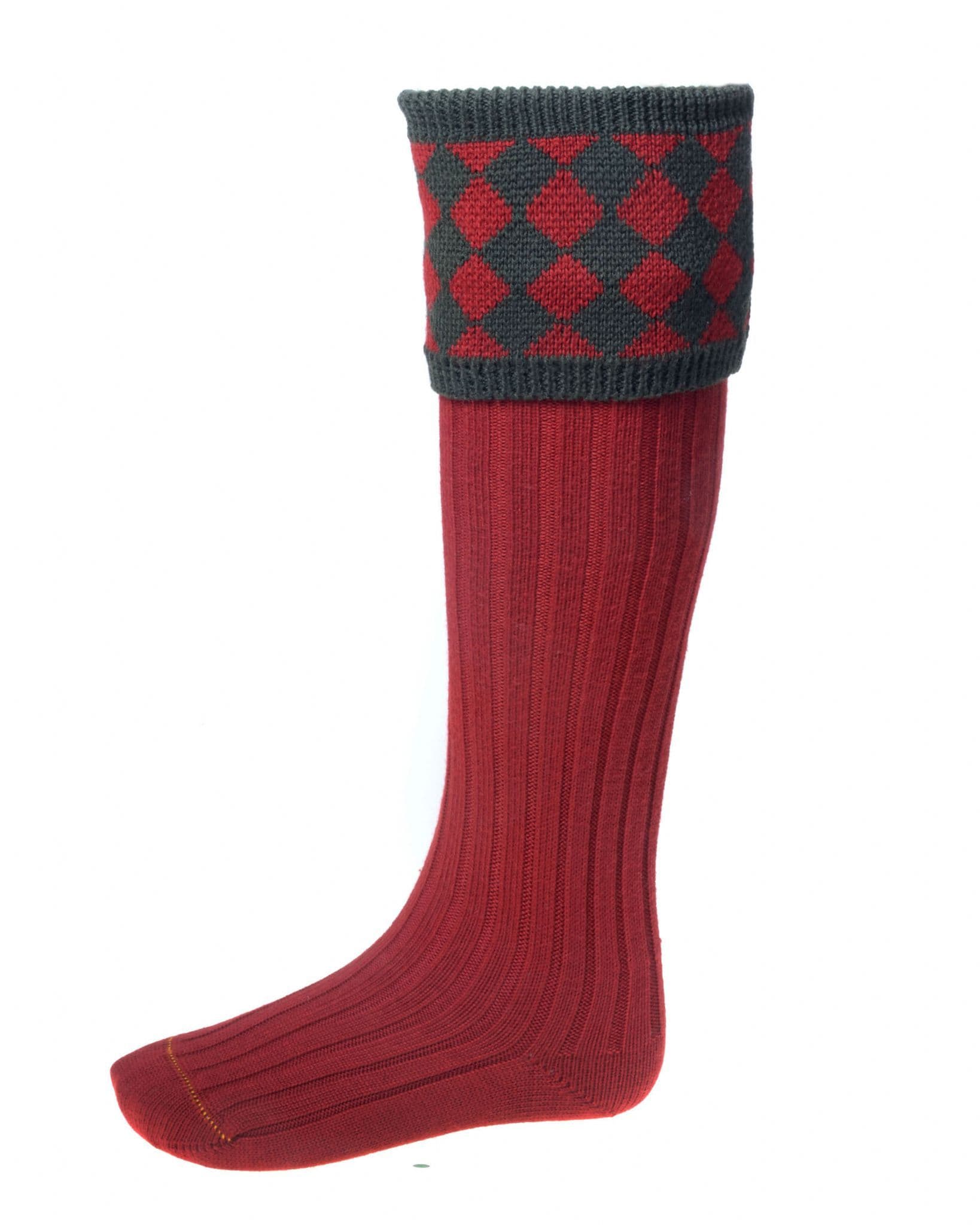 House Of Cheviot Men's Chessboard Socks - Brick Red/Dark Loden