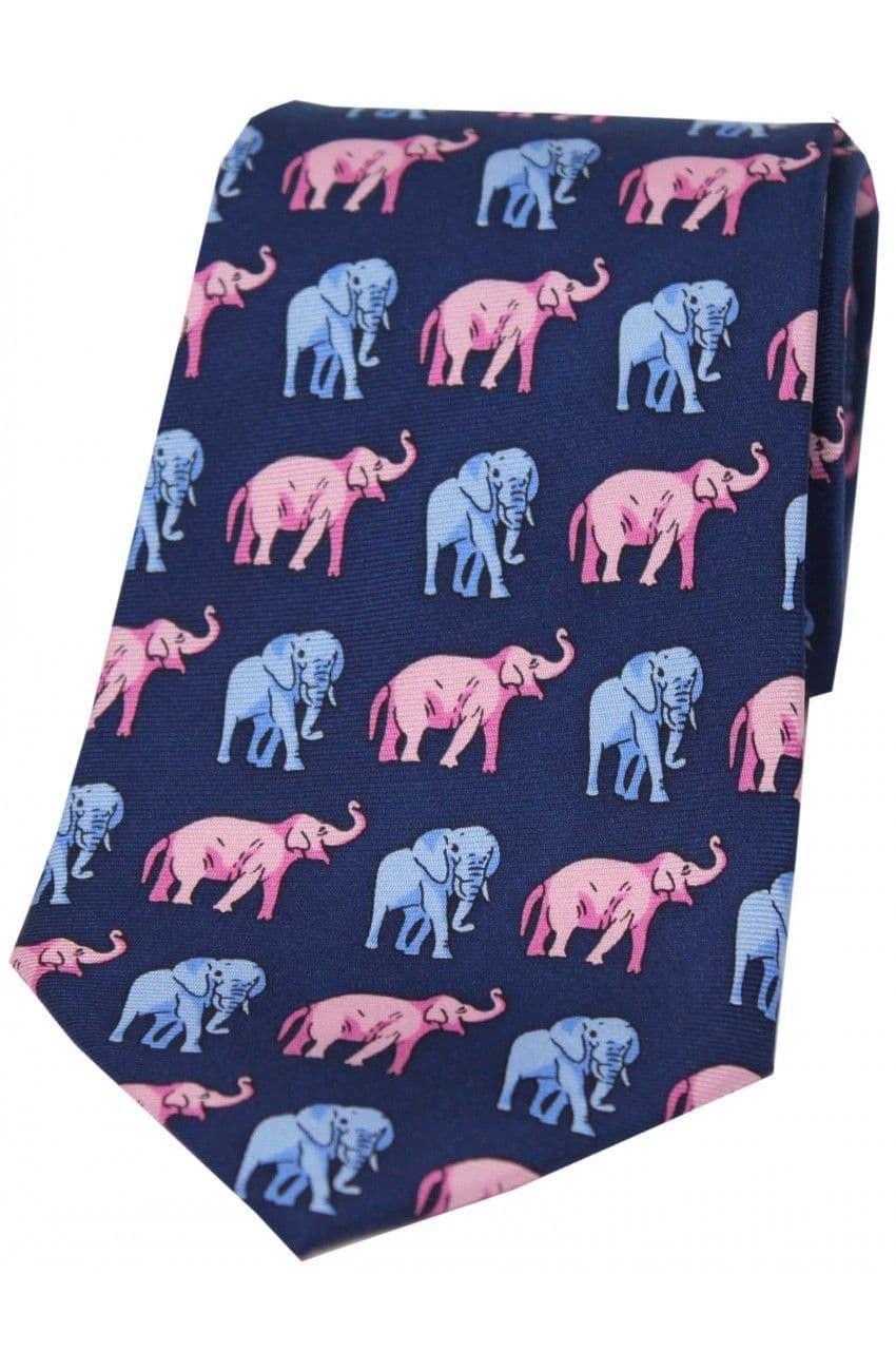 Soprano Blue and Pink Elephants Navy Blue Printed Silk Country Tie - Navy Blue