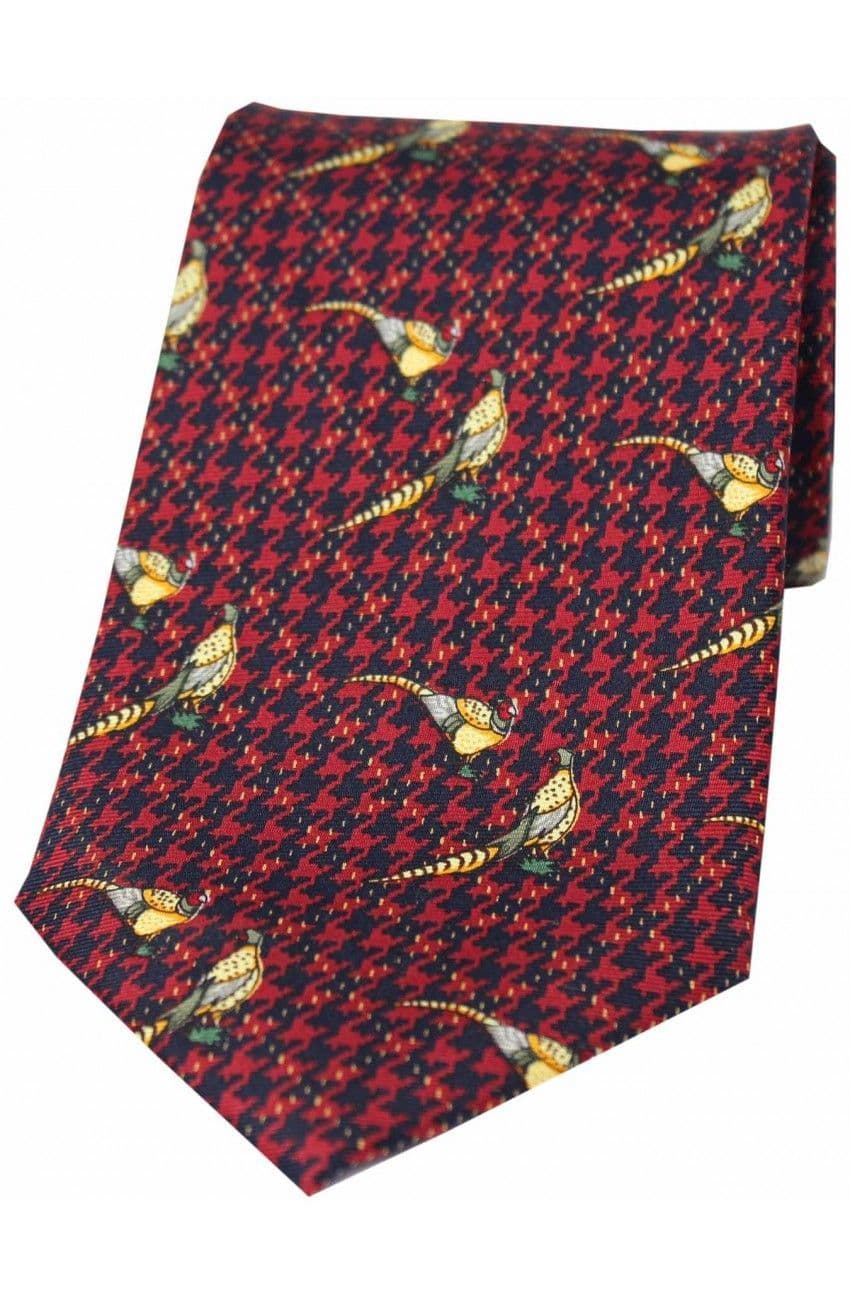 Soprano Brace of Pheasant Printed Silk Country Tie - Wine