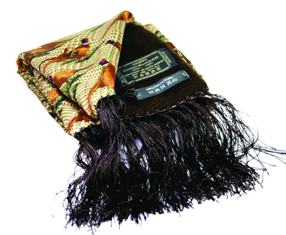 Soprano Brown Patterened Standing Pheasant Printed Silk Country Scarf with Lambs Wool Backing