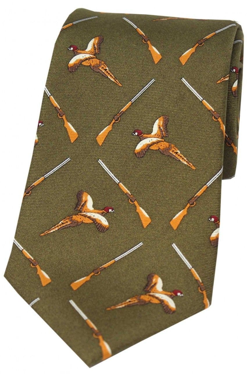 Soprano Flying Pheasants and Shotguns Printed Silk Country Tie - Country Green