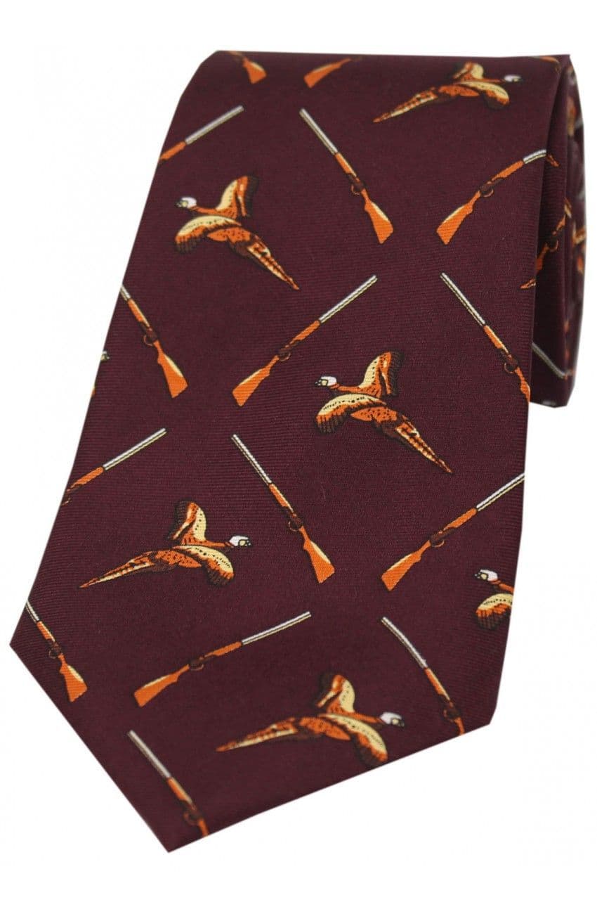 Soprano Flying Pheasants and Shotguns Printed Silk Country Tie - Wine