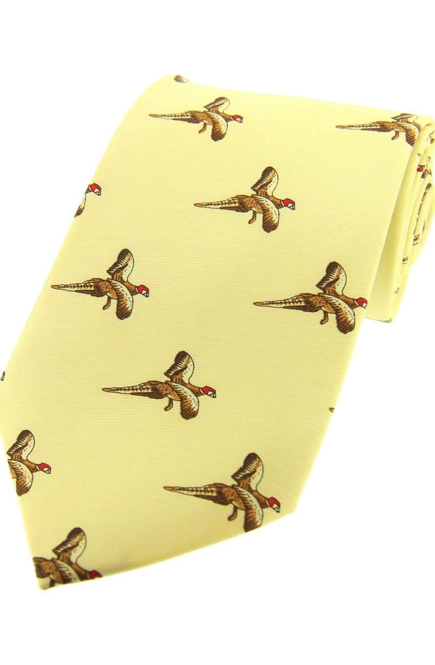 Soprano Flying Pheasants Printed Silk Country Tie - Pastel Yellow