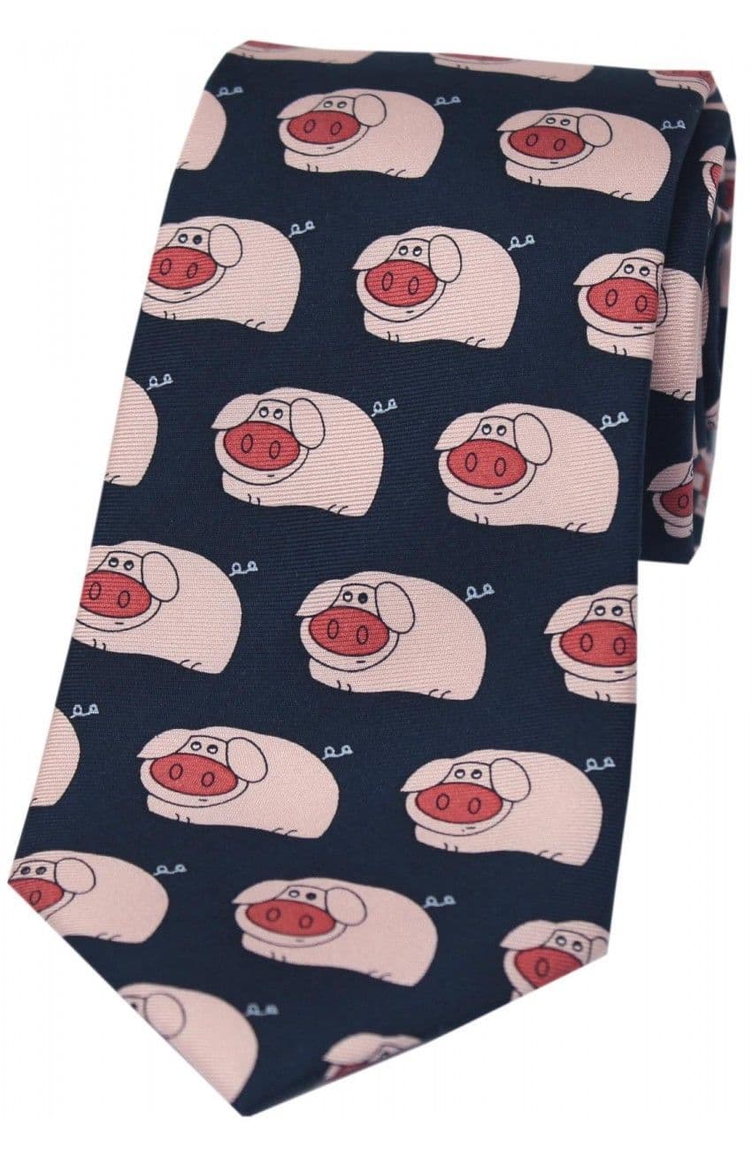 Soprano Funny Pigs Printed Silk Country Tie - Navy