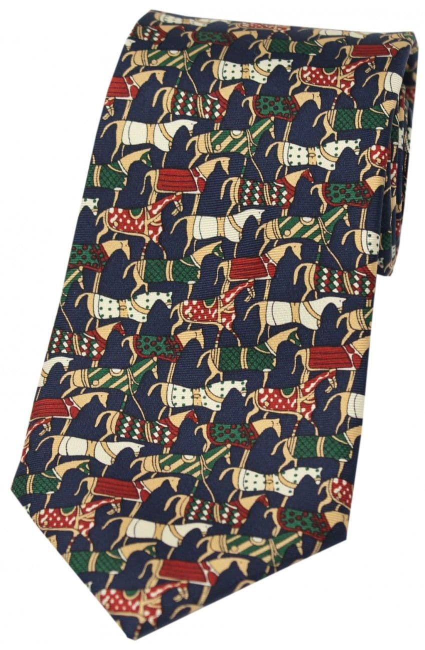 Soprano Jousting Medieval Horses Printed Silk Country Tie - Navy