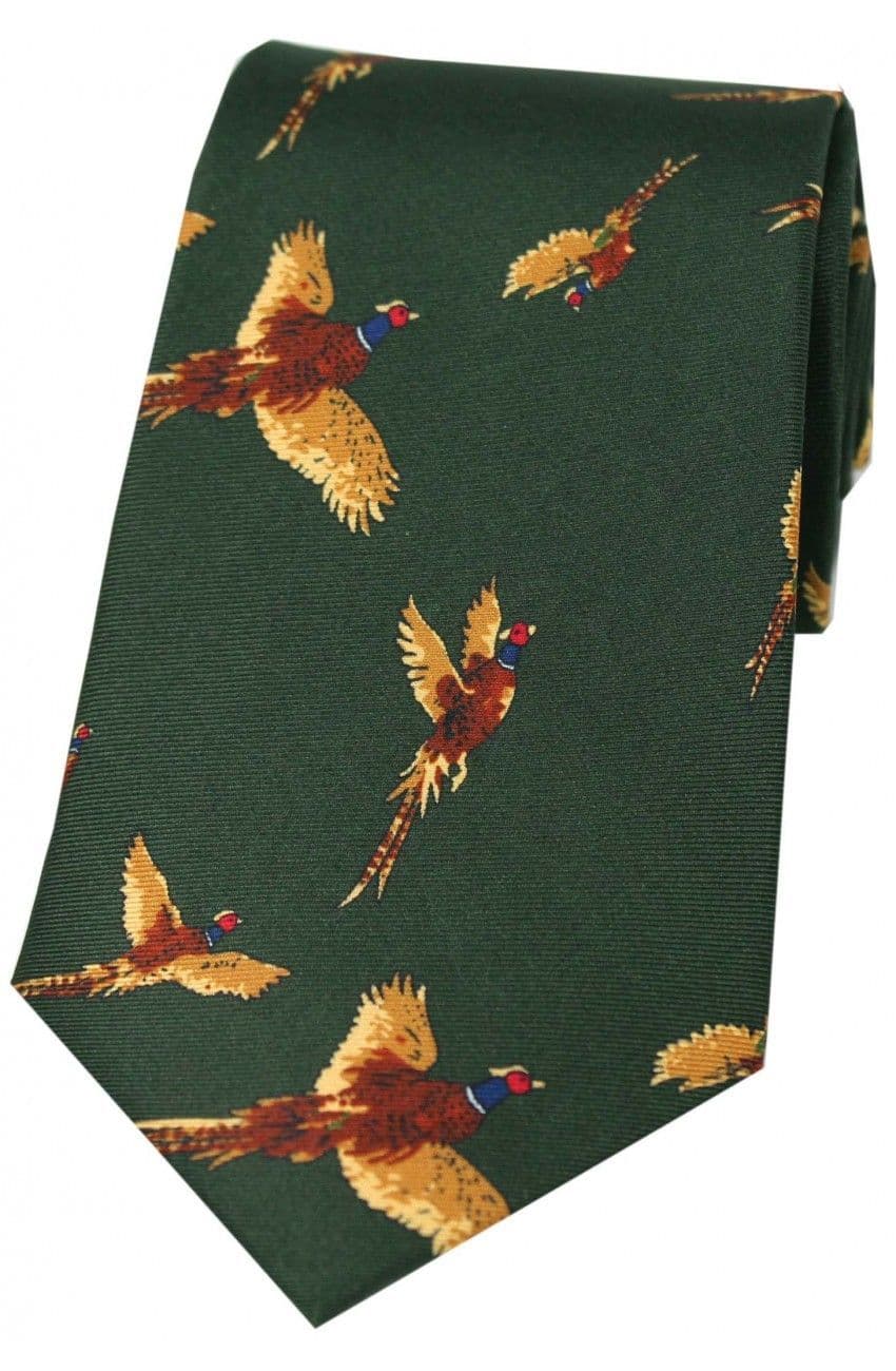 Soprano Large Flying Pheasant Printed Silk Country Tie - Country Green