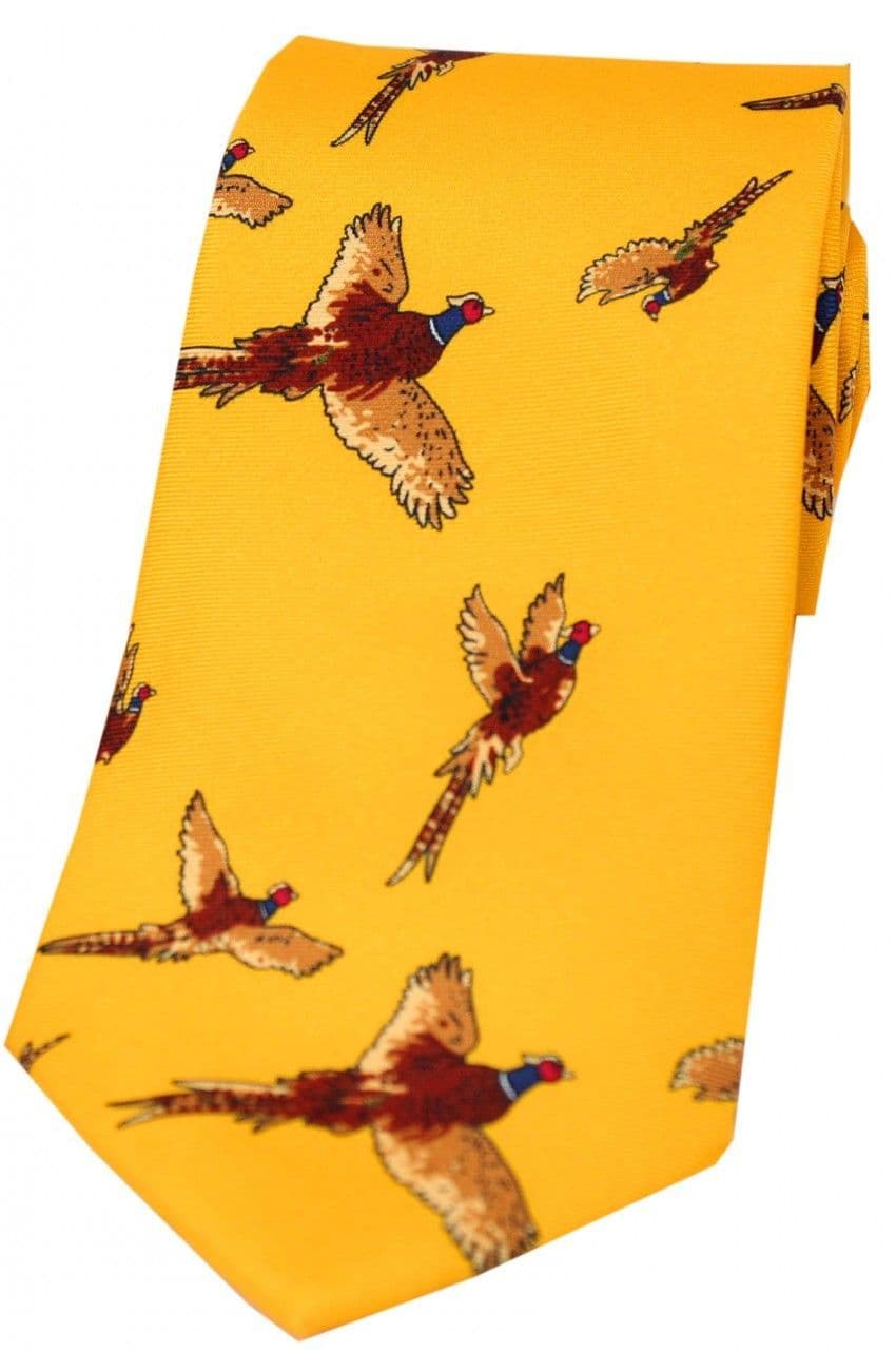 Soprano Large Flying Pheasant Printed Silk Country Tie - Gold