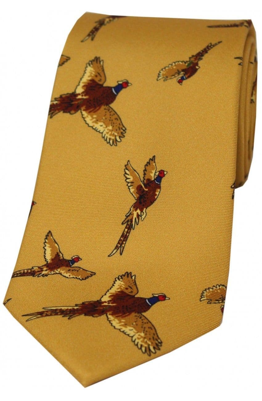 Soprano Large Flying Pheasant Printed Silk Country Tie - Mustard