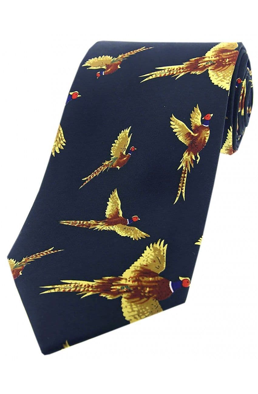 Soprano Large Flying Pheasant Printed Silk Country Tie - Navy